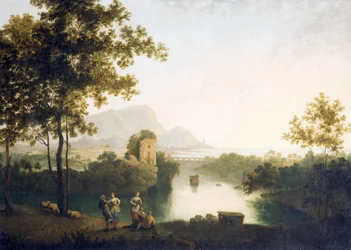 Sera alla foce del fiume con contadini che ballano