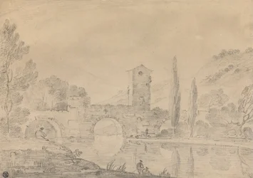 Paesaggio italiano con ponte a tre archi, casa del ponte, figure sulla riva vicina e pioppi sulla riva lontana