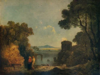Paesaggio fluviale italiano con ponte rotto, c1779, 1938