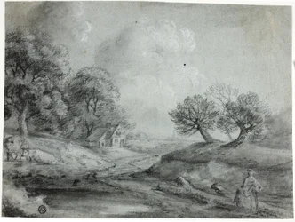 Paesaggio con donna e mucche