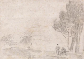 Tempio in rovina di Minerva?, due figure sulla riva del fiume