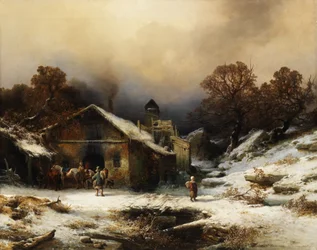 Paesaggio innevato con casa colonica