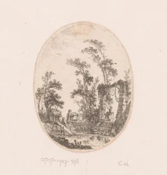 Stagno con anatre e alcuni alberi intorno (serie di vedute, paesaggi, frammenti antichi e soggetti storici)