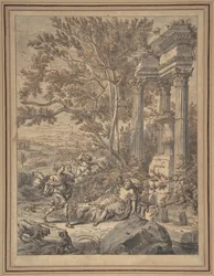 Silvio si avvicina a Dorinda che ha ferito con una freccia, ca. 1700