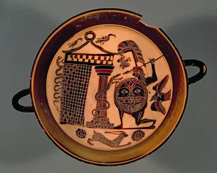 Coppa a figure nere laconiche raffigurante un guerriero che attacca un serpente, VI secolo a.C.