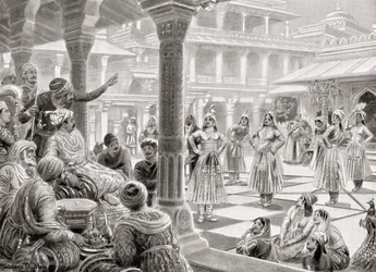 Akbar che gioca a pachisi o chaupur con pezzi viventi a Fatehpur Sikri nel 1575, da Hutchinson