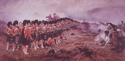 La sottile linea rossa, i 93rd Highlanders resistono a una carica russa nella battaglia di Balaklava nel 1854