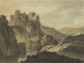 Paesaggio fluviale con un castello su uno sperone roccioso, 1780