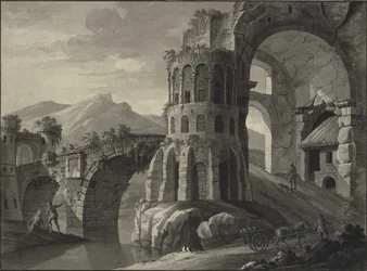 Fantasia architettonica. Rovina di un ponte antico, fiancheggiato da torri medievali