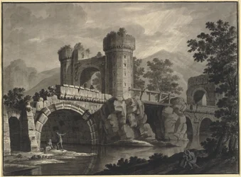 Fantasia architettonica di un ponte in rovina in un paesaggio