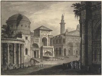 Fantasia architettonica di una città antica con una piazza e molti edifici, alcuni parzialmente in rovina