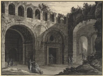 Fantasia architettonica di un cortile interno di una rovina antica
