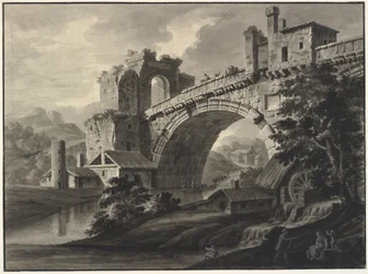 Fantasia architettonica con un ponte antico su un fiume e un mulino ad acqua in primo piano