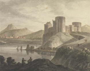 Castello con figure in un paesaggio classico