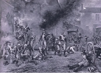 La difesa di Hougoumont, 18 giugno 1815, illustrazione da British Battles on Land and Sea, 1915