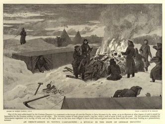 Una lezione pratica nella campagna invernale, un bivacco nella neve della fanteria tedesca