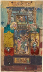 Scenografia composta da pannelli dipinti, tessuti e ventagli