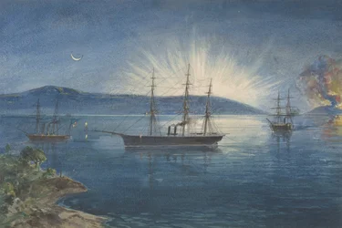 La Baia delle Braccia di Toro, Trinity Bay, Terranova, Falò accesi sulle colline per notificare..., 1865-66