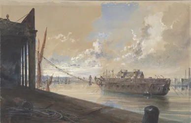 Il cavo passato dai lavori nella nave la vecchia fregata Iris che giace nel Tamigi..., 1865-66