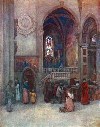 Interno della Chiesa di Santa Maria Novella, con la Cappella Strozzi (litografia a colori)