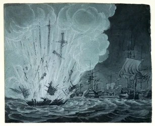 Nave che esplode nella battaglia del Nilo (disegno a penna, lavaggio grigio)