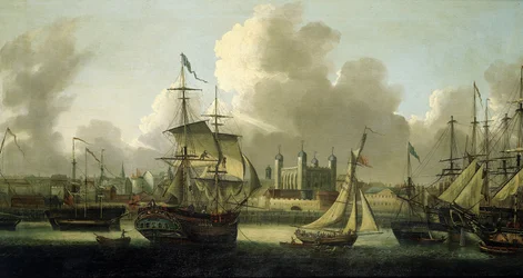 Navigazione a Londra, descrizione della Torre di Londra a sinistra, varie barche di tutte le dimensioni illustrano la grande attività fluviale sul Tamigi