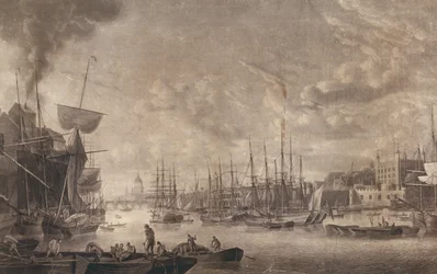 Vista verso il London Bridge da una barca ormeggiata vicino alla Torre di Londra, 1793