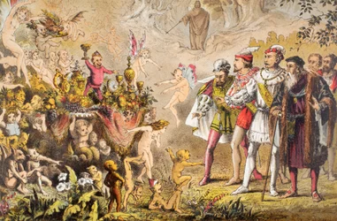 Alonso parla ne La Tempesta, Atto III, Scena III, "Cieli, che cosa erano questi", da "The Illustrated Library Shakespeare", pubblicato a Londra nel 1890 (litografia a colori)