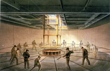 Cavo che esce da una delle cisterne a bordo della Great Eastern, da "The Atlantic Telegraph" di William Howard Russell, pubblicato nel 1866 (litografia a colori) (cfr. anche 192775-789)