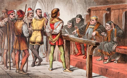 Dogberry parla in Much Ado About Nothing, Atto IV, Scena II, "Scrivi che sperano di servire Dio; e scrivi Dio per primo: perché Dio difende, ma Dio dovrebbe andare davanti a tali cattivi", da "The Illustrated Library Shakespeare", pubblicato a Londra nel 1