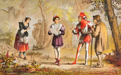 Rosalind parla in As You Like It, atto III, scena II, "Pace! Ecco mia sorella", da "The Illustrated Library Shakespeare", pubblicato a Londra nel 1890 (litografia a colori).