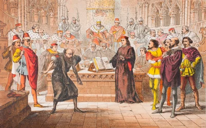 Shylock parla in Il mercante di Venezia, atto IV, scena I, "È questa la legge", da "The Illustrated Library Shakespeare", pubblicato a Londra nel 1890 (litografia a colori)