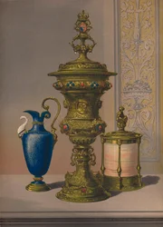 Vaso in argento dorato e gioielli, vaso in porcellana, cassetta per sigari, 1863
