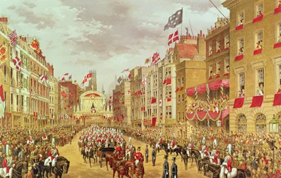 Corteo nuziale di Edoardo, Principe di Galles e della Principessa Alexandra che attraversa la città a Temple Bar, 7 marzo 1863, illustrazione da "Memorial of the Marriage of Albert Edward, Prince of Wales" di Russell (cromolitografia)