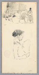 Disegno, Scena con asino e due figure; donna con ventaglio, 1882