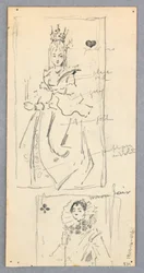 Disegno, Scena di strada, Italia (recto); due vedute incorniciate di donne su carte da gioco (verso), 1882