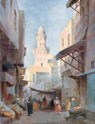 La Gamalieh e la Moschea del Sultano Babaas, Il Cairo (litografia a colori)