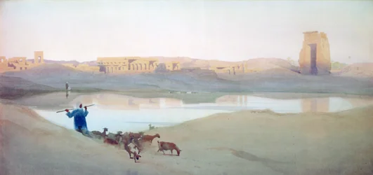 Il lago sacro, Karnak", 1900 circa. Acquerello. Robert Talbot-Kelly (1861-1934) pittore inglese di paesaggi orientalisti. Egitto Paesaggio Acqua Rovine Capraio