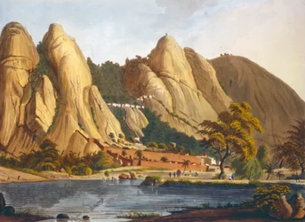 Vista sud di Sewandroog, illustrazione da Twelve Views of Mysore, il paese di Tippoo Sultan inciso e colorato da J.W. Edy, pubblicato 1804