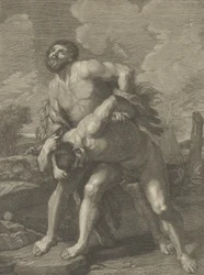 Ercole che indossa una pelle di leone e combatte Acheloo, un paesaggio sullo sfondo, ca. 1713-72