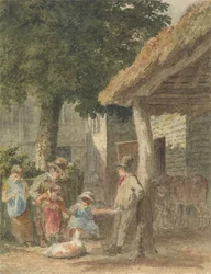 Bambini con un cane nel cortile della fattoria
