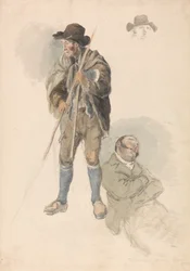 Studi di figure: un lavoratore agricolo, il signor Samuel, il maestro di disegno sdraiato e sonnecchiante, e un leggero schizzo di un uomo con cappello