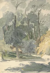 Alberi e fienili nel parco di Ashstead, Surrey