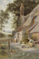 Figure vicino a un cottage