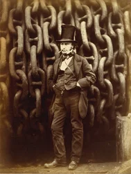 Isambard Kingdom Brunel in piedi davanti alle catene di lancio del Great Eastern...stampato 1863-64