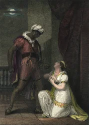 Otello e Desdemona a Venezia. Illustrazione per "Otello" di William Shakespeare. Atto 4 scena 2. Incisione inglese del 1801 di R.K Porter
