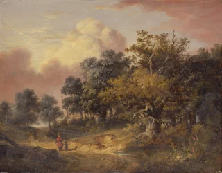 Paesaggio boscoso con donna e bambino che camminano lungo una strada