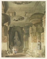 Interno del Tempio della Grotta di Indra Subba a Ellora, dal Volume II di Scenery, Costumes and Architecture of India, disegnato da David Roberts (1796-1864) inciso da Thomas Kearnan (fl.1821-50) e inciso