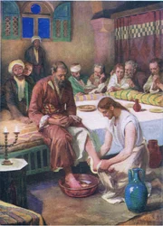 Gesù lava i piedi dei discepoli, da Il Libro delle Immagini della Bibbia pubblicato da Thomas Nelson, c.1950