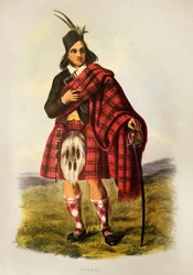 Un guerriero Fraser del clan scozzese in kilt - Litografia di Robert Ronald McIAN da "The Clans of The Scottish Highlands"" 1845